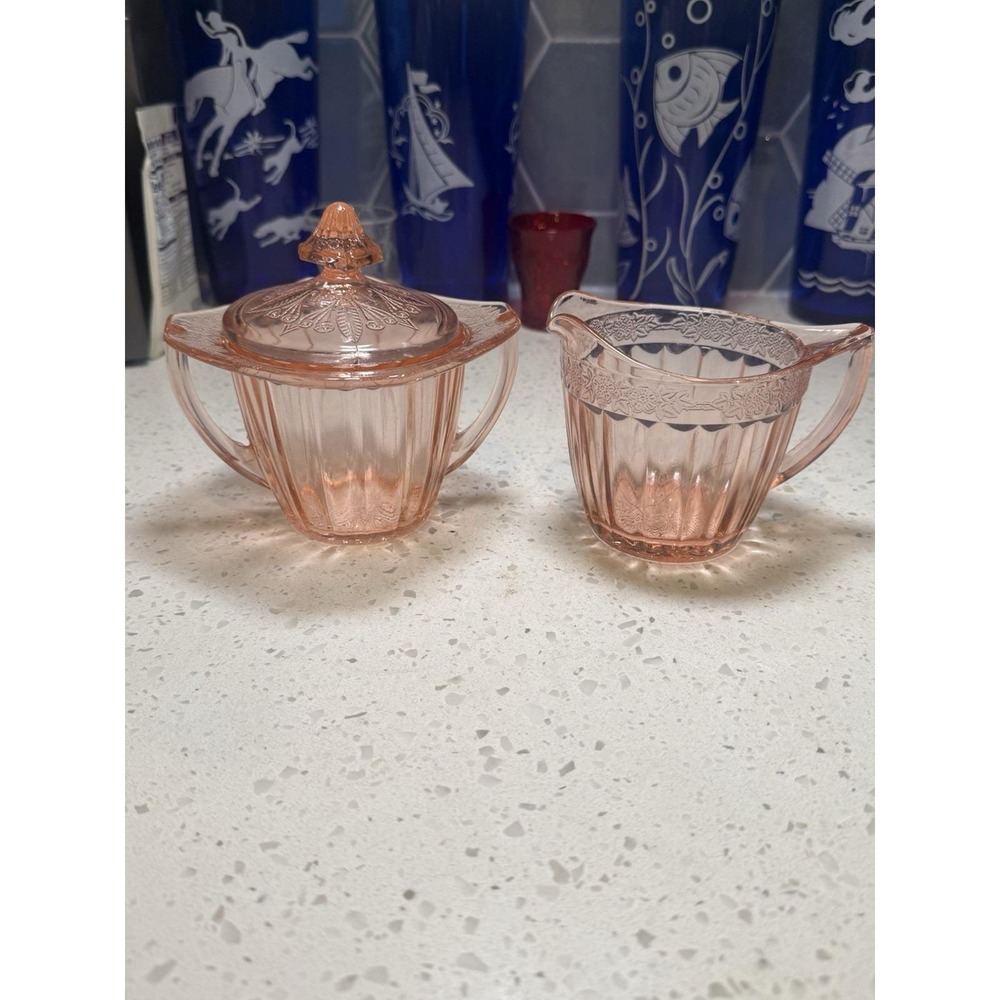 Jeannette Adam Pink Creamer Sugar And Cover Lid Set Depression Glass